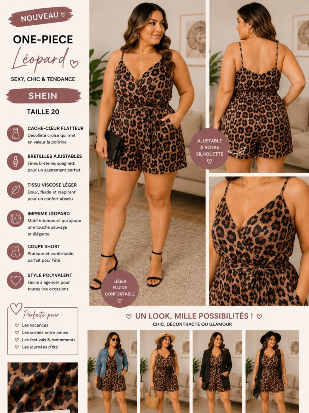 SHEIN Leopard Print Romper – Plus Size 20 – Wrap Front Summer One Piece